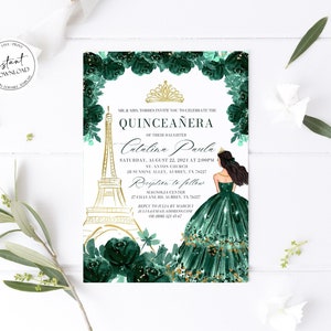 Invitation de Quinceanera Floral vert émeraude, Paris Eiffel TowerQuinceanera Invite, Mis Quince 15 Anos 15e anniversaire Green Gold Quinceañera