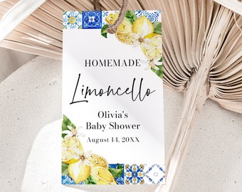 Editable Blue Tiles Lemons Homemade Limoncello Favour Tags, Printable Italy Mediterranean Wedding Favor Tags Amalfi Coast Shower Decor M5