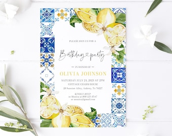 Mediterranean Blue Tile Lemons Birthday Party Invitation, Editable Italian Positano Tuscan Amalfi Birthday Theme Invite Instant Download M1