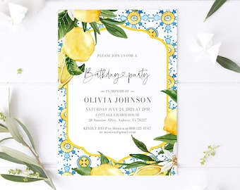 Mediterranean Blue Tile Lemons Birthday Party Invitation, Editable Italian Positano Tuscan Amalfi Birthday Theme Invite Instant Download M3