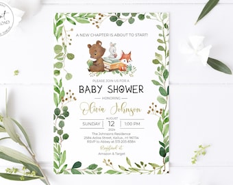 Book Themed Baby Shower Invitation, Greenery Animals Book Baby Shower Invitation, Storybook Baby Shower Invite Book Theme Baby Shower Invite