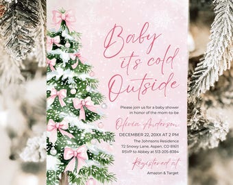 Invitación para baby shower navideño, "Hace frío afuera", lazo rosa para niña, coqueta, para baby shower navideño de invierno de diciembre, PH1