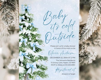 Baby it's Cold Outside Baby Shower Invitation, Christmas Baby Shower Invite, Boy Christmas Tree Blue Bows Coquette Winter Baby Shower PH1