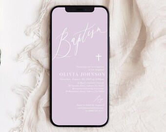 Purple Digital Baptism Invitation, Lilac Baptism Text Invitation White Cross Violet Christening Evite Lavender Electronic Baptism Invite