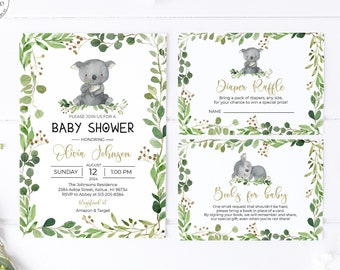 Könnte beinhalten: Eine Babyparty-Einladung mit grünem und goldenem floralem Rand. Die Einladung zeigt einen niedlichen Koala, der einen Eukalyptus-Zweig hält. Der Text lautet "Bitte schließen Sie sich uns zu einer Babyparty zu Ehren von Olivia Johnson an. Sonntag, 12. August, 13:00 Uhr. Die Residenz der Johnsons, 2584 Aolca Street, Kailua, HI 96734. RSVP an Abbey unter 515-205-6384. Registriert bei Amazon & Target."