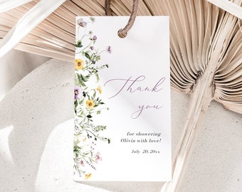 May include: A white thank you tag with a floral design and the text "Thank you for showering Olivia with love! July 20, 20xx".