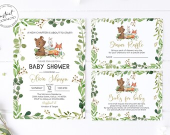 Book Themed Baby Shower Invitation, Greenery Gender Neutral Book Baby Shower Invitation Bundle Editable Storybook Baby Shower Invitation Set