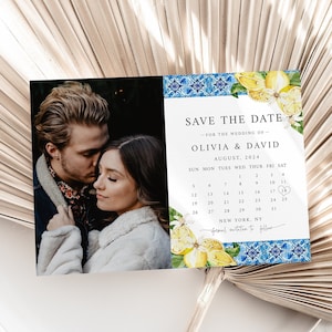 Piastrelle blu Limone Calendario Foto Salva la data Cartoline, Matrimonio mediterraneo Salva la nostra data Costiera Amalfitana Annuncio di fidanzamento toscano W13