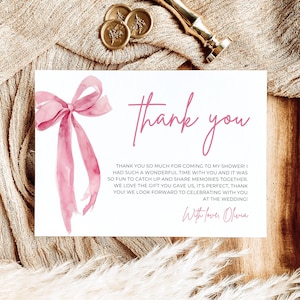 Modèle de carte de remerciement modifiable avec un noeud rose, imprimable Elle fait le noeud Shower nuptiale Merci ruban rose Coquette Shower nuptiale TK1