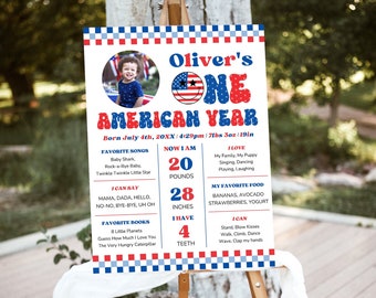 4 juli första födelsedag milstolpe anslagstavla, en amerikansk dude födelsedag milstolpe affisch, leende ansikte patriotisk 4 juli 1:a födelsedag dekoration