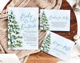 Blue Baby it's Cold Outside Baby Shower Invitation Bundle, Boy Christmas Tree Blue Bow Coquette Winter December Holiday Baby Shower PH1