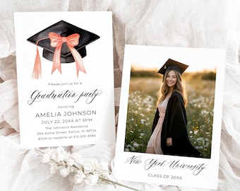 May include: Graduation party invitation featuring a black and pink graduation cap illustration and a photograph of a woman wearing a graduation gown. The invitation includes the text "Graduation party", "honoring Amelia Johnson", "July 22, 20XX at 5PM", "The Johnsons Residence", "284 Aoloa Street, Kailua, HI 96734", "RSVP to Isabella at 513-205-8384", "New York University", and "Class of 20XX".