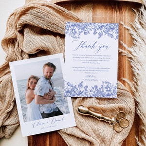 Tarjeta de agradecimiento de la foto de la boda floral azul polvoriento, tarjeta de agradecimiento de la boda azul victoriana, tarjeta de agradecimiento botánica floral vintage azul B3