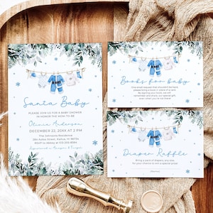 Lot de cartes d'invitation pour baby shower bleu père Noël, invitation baby shower de Noël garçon, vêtements de bébé bleus, invitation baby shower de vacances d'hiver SBS