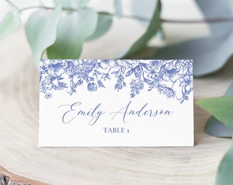 Plantilla de tarjetas de lugar de boda floral azul polvoriento, tarjetas de nombre azul victoriano, decoración de boda floral vintage, tarjetas de nombre de cena botánica azul B3