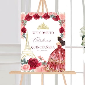 Burgundy Blush Floral Quinceanera Welcome Sign, Princess Quinceanera Sign, Quinceanera Poster, Quinceañera Welcome, Red Quinceañera Decor