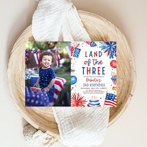 Patriotic 3rd Birthday Invitation: Land of the Three, July 4th (Digital Download)