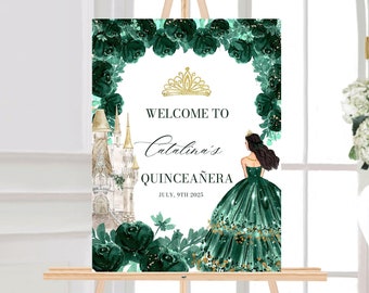 Signo de bienvenida de Quinceañera floral verde esmeralda, signo de quinceañera, cartel de quinceañera, bienvenida de quinceañera, decoración de quinceañera verde esmeralda