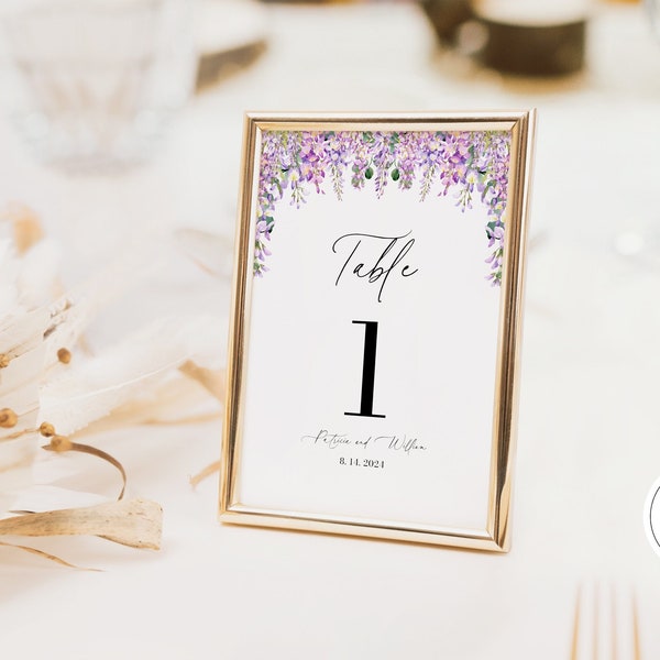 Watercolor Pink Purple Wisteria Floral Wedding Table Number Cards Printable Dusty Lilac Greenery Wisteria  Flower Table Number Template WW1