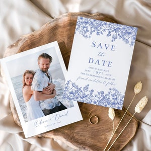 Altblau Save The Date Karten Vorlage, Chinoiserie Blau Vintage Floral Save the Date, Viktorianische Blau Botanische Hochzeit Save Our Date B3