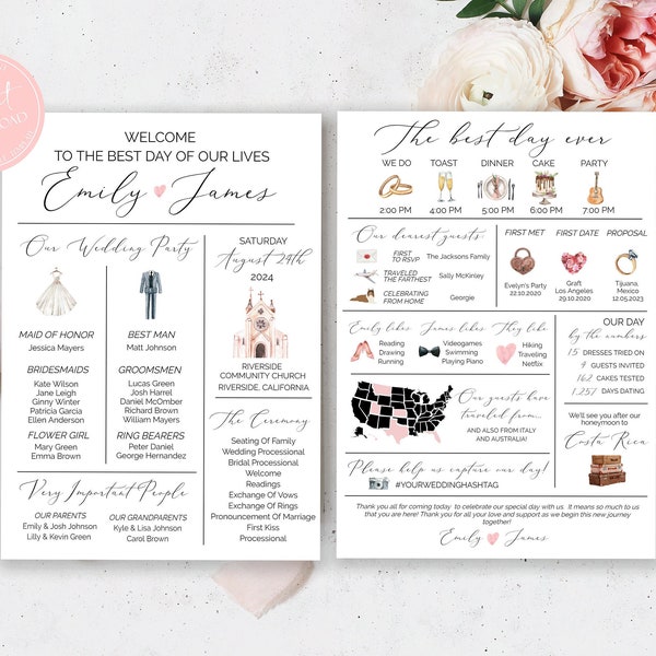 Infographic Wedding Program, Unique Wedding Program, Fun Wedding Program, Wedding Timeline Template, Modern Program, Funny Wedding Program