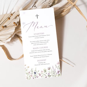 Modello carta menu battesimo fiori selvatici, carta menu battesimo modificabile, modello menu battesimo stampabile, menu cena fiori selvatici viola W2