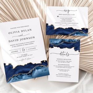 Navy Blue and Gold Agate Wedding Invitation Template, Agate Wedding Invitation Suite Geode Navy Agate Wedding Invite Set Instant Download