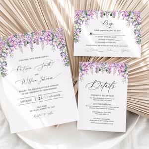 Wisteria Wedding Invitation Template, Purple Wedding Invitation Suite, Purple Pink Greenery Flower Wedding Invite Set Instant Download WW1