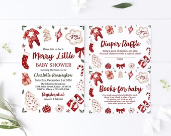 May include: A Christmas-themed baby shower invitation with red and white decorations. The invitation says "Merry Little Baby Shower" and includes the name "Charlotte Kensington".