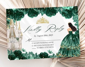 Puede incluir: Una tarjeta RSVP verde y dorada con un castillo y una princesa con un vestido verde. El texto dice "Kindly Reply by August 10th, 2025" e incluye opciones para aceptar o rechazar la invitación.