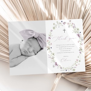 Tarjeta de agradecimiento de bautismo púrpura, foto de bautismo de flores silvestres tarjetas de agradecimiento bautizo de flores silvestres gracias bautismo de niña bautismo de flores silvestres W2