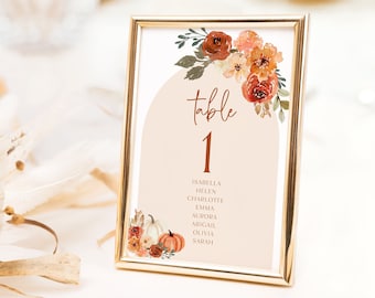 Fall Table Number, Arch Boho Fall Pumpkin Wedding Table Numbers, Printable Autumn Table Number Template, Terracotta Table Number Sign F1
