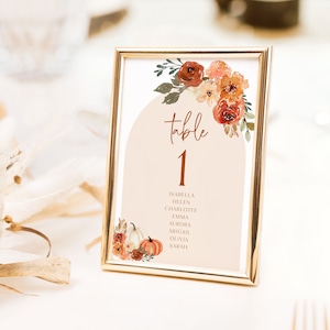 Numéro de table d'automne, numéros de table de mariage citrouille d'automne arche Boho, modèle de numéro de table d'automne imprimable, signe de numéro de table en terre cuite F1