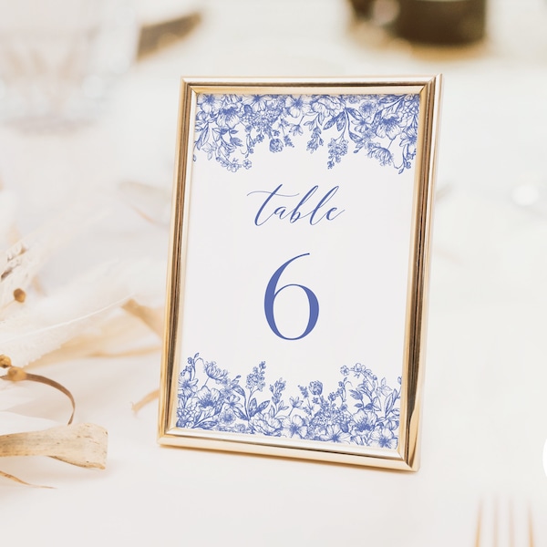 Vintage Floral Table Number, Blue Floral Wedding Table Numbers, Printable Vintage Victorian Blue Table Number Template, Table Number Sign B3