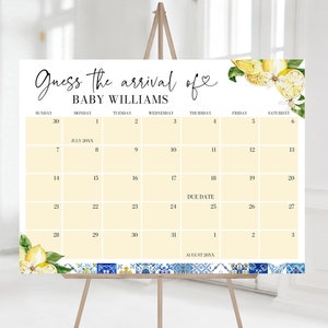 Editable Blue Tiles Lemon Baby Due Date Calendar Sign, Mediterranean Guess Baby&#39;s Birthday, Italy Amalfi Coast Guess The Arrival Date M5