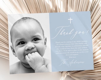 Dusty Blue Baptism Photo Thank You Card Template, Dusty Blue White Cross Baptism Thank You Card Christening Thank You Cards Boy Blue Baptism