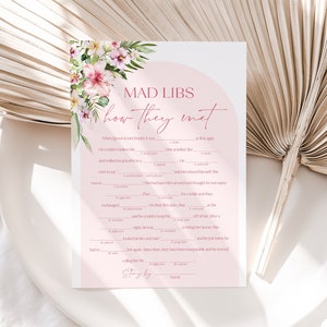 Hawaiian Mad Libs Game, Printable  Modern Hot Pink Bridal Shower Mad Libs, Summer Luau Tropical How They Met Mad Libs Bachelorette Game H1