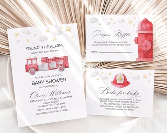 Zaproszenie na Baby Shower w stylu wozu strażackiego, Zaproszenie na Baby Shower strażaka, Baby Shower chłopca, Baby Shower strażaka, Zaproszenie na Baby Shower „Sound the Alarm”