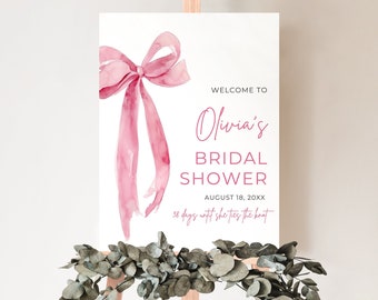 She&#39;s Tying the Knot Bridal Shower Welcome Sign, Editable Minimalist Pink Bow Bridal Shower Poster, Pink Ribbon Bow Wedding Shower Sign TK1