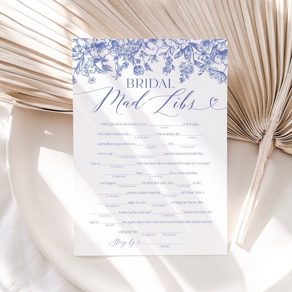 Blue Floral Bridal Mad Libs Game, Printable Vintage Victorian Blue Bridal Shower Mad Libs, Blue How They Met Mad Libs Bachelorette Game B3