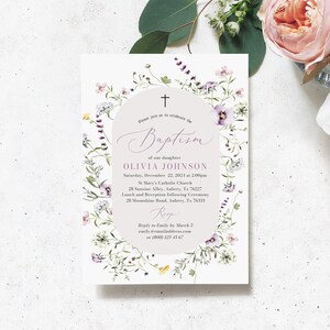 Wildblumen Kreuz Taufe Einladungsvorlage, Wildblumen Taufeinladung, Mädchen Taufe Printable Wildblumen Erstkommunion einladen W1