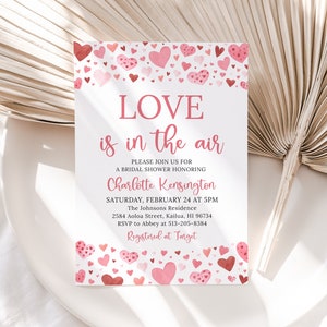 Editable Love is in the Air Bridal Shower Invitation, Printable Love Pink Red Hearts Valentine Bridal Shower Invitation Instant Download V3