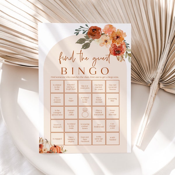 Fall Find the Guest Bingo Bridal Shower Game, Printable Arch Boho Fall Pumpkin Find the Guest Bingo Game, Autumn Bachelorette Game Bingo F1