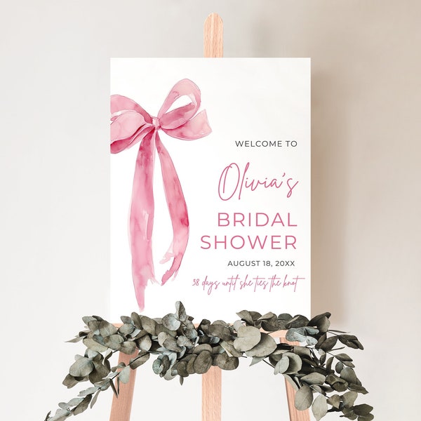 She's Tying the Knot Bridal Shower Welcome Sign, Editable Minimalist Pink Bow Bridal Shower Poster, Pink Ribbon Bow Wedding Shower Sign TK1