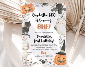 Onze kleine Boo verjaardagsfeestje uitnodiging bewerkbare Halloween 1e verjaardagsuitnodiging Fall Pumpkin Ghost Spooky Cute Halloween verjaardag uitnodigen