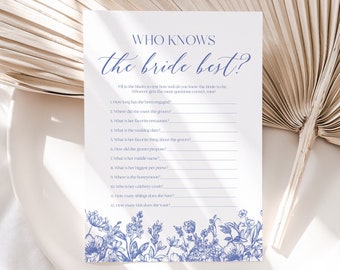 Blue Floral Who Knows The Bride Best Bridal Shower Game, Editable Vintage Blue Victorian How Well Do You Know The Bride Bachelorette Game B3