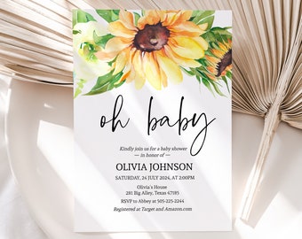 Sunflower Baby Shower Invitation, Yellow Baby Shower Invite Template, Oh Baby Sunflower Baby Shower Invite, Rustic Sunflower Baby Shower