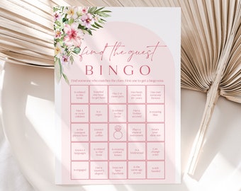 Hawaiian Find the Guest Bingo Bridal Shower Game, Printable Hot Pink Find the Guest Bingo Game Summer Tropical Bachelorette Game Bingo H1