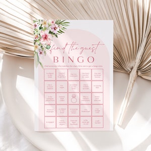 Hawaiian Find the Guest Bingo Bridal Shower Game, Printable Hot Pink Find the Guest Bingo Game Summer Tropical Bachelorette Game Bingo H1