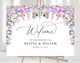 May include: A printable wedding welcome sign with a white background and purple wisteria flowers. The text reads "Welcome to the wedding of Olivia & William August 18, 2024".